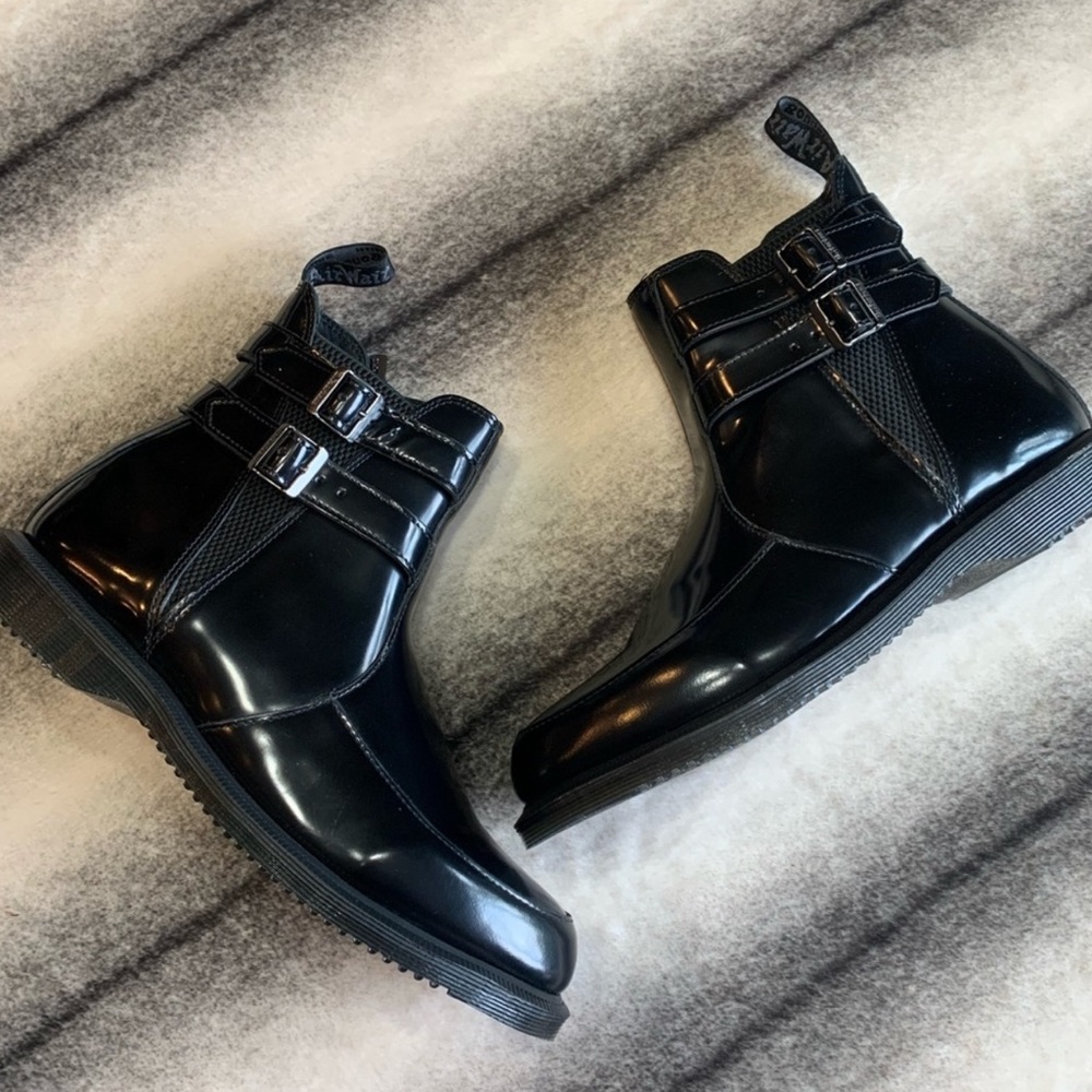 Dr Martens Flora II Black Polished Smooth Leather Combat Boots